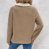 Fleece quarter-zip pullover back view, cream and tan long sleeves