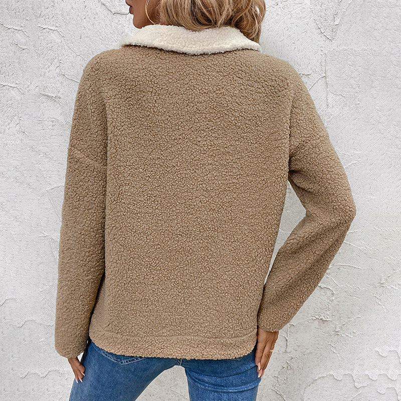 Fleece quarter-zip pullover back view, cream and tan long sleeves