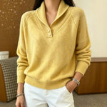 Women’s yellow button-front V-neck long-sleeve sweater with ribbed cuffs and hem.