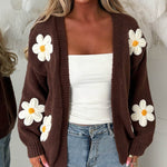 Oversized brown long-sleeve cardigan with daisy appliqués and open front