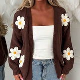 Oversized brown long-sleeve cardigan with daisy appliqués and open front