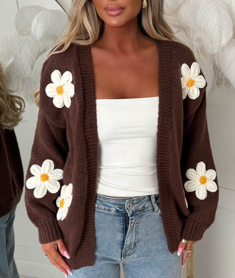 Oversized brown long-sleeve cardigan with daisy appliqués and open front