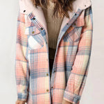AMELIA™ plaid flannel hooded jacket in light pastel multi-color checks, button-front.
