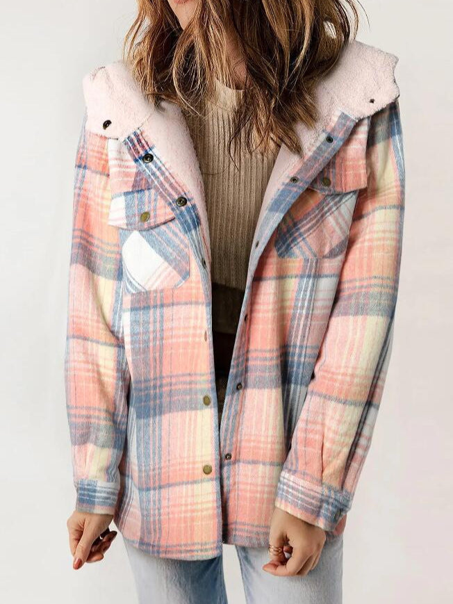 AMELIA™ plaid flannel hooded jacket in light pastel multi-color checks, button-front.