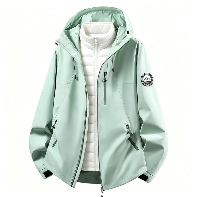Softshell outdoor jacket with removable inner jacket, mint green shell and white inner vest