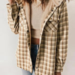 AMELIA™ plaid flannel hooded jacket in tan and brown checks, sherpa-lined collar.