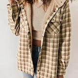 AMELIA™ plaid flannel hooded jacket in tan and brown checks, sherpa-lined collar.