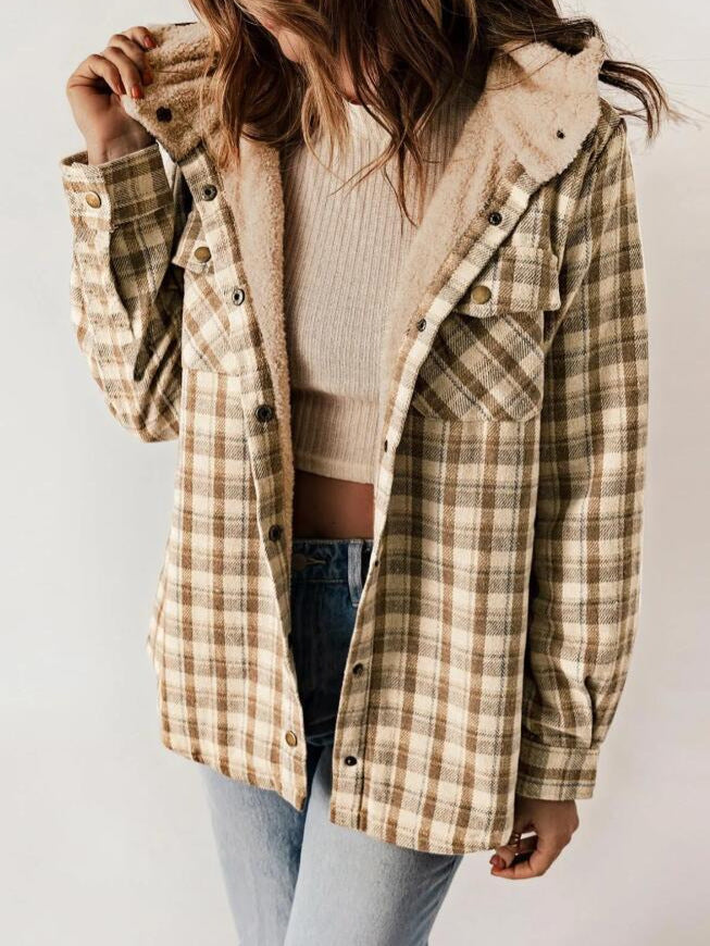 AMELIA™ plaid flannel hooded jacket in tan and brown checks, sherpa-lined collar.