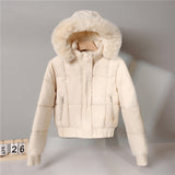 Short padded hooded jacket with faux fur trim, off-white