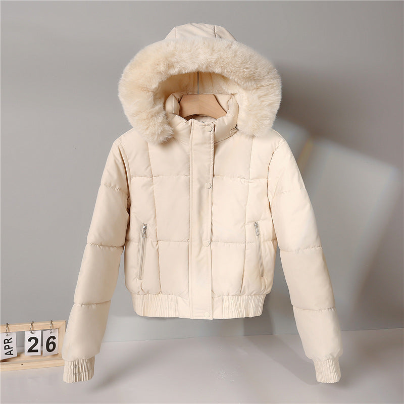 Short padded hooded jacket with faux fur trim, off-white