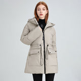 Women’s mid-length thermal parka in light gray with hood and waist drawstring