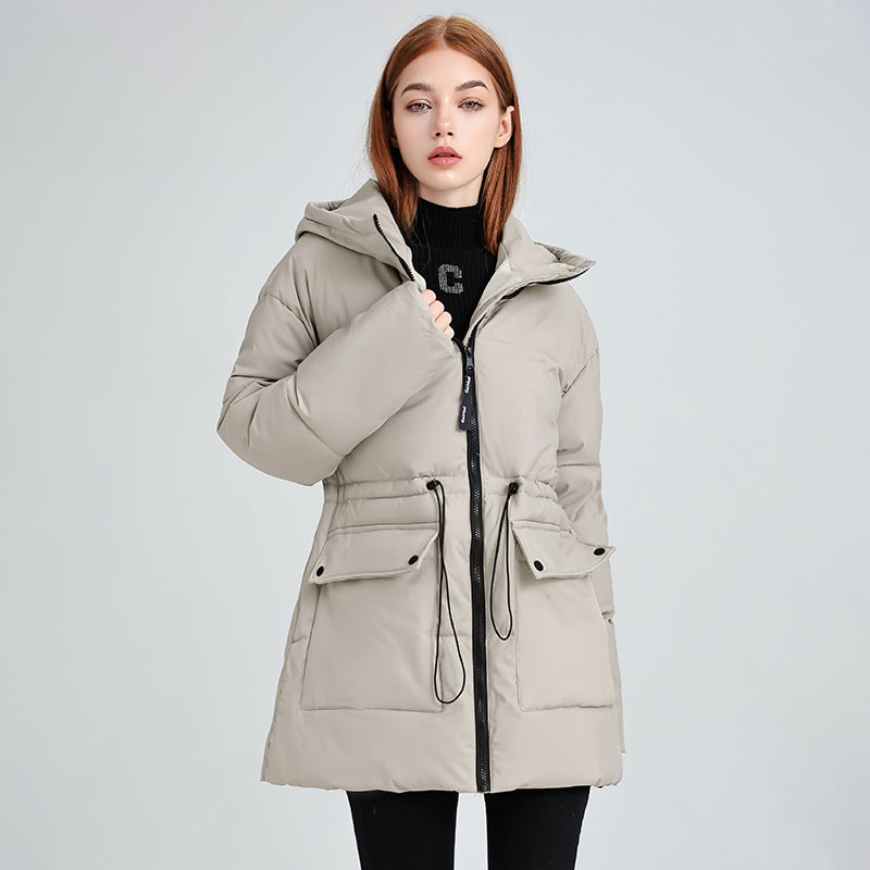 Women’s mid-length thermal parka in light gray with hood and waist drawstring