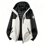 Softshell outdoor jacket with removable inner jacket, black and white shell with black inner vest