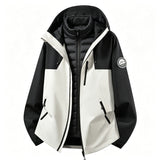 Softshell outdoor jacket with removable inner jacket, black and white shell with black inner vest