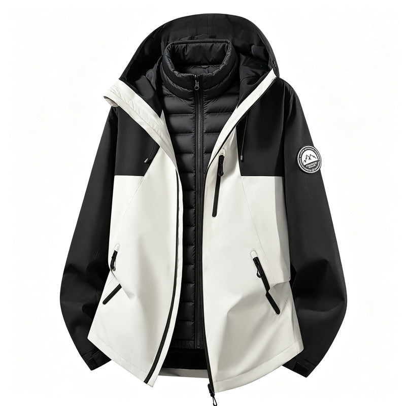 Softshell outdoor jacket with removable inner jacket, black and white shell with black inner vest