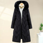 Long black parka with faux-fur hood and drawstring waist, front button closure