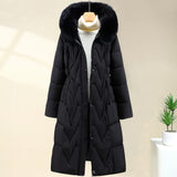 Long black parka with faux-fur hood and drawstring waist, front button closure
