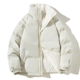 Cream quilted thermo bomber jacket with teddy lining and high stand collar