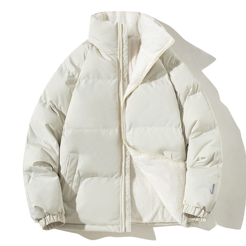 Cream quilted thermo bomber jacket with teddy lining and high stand collar
