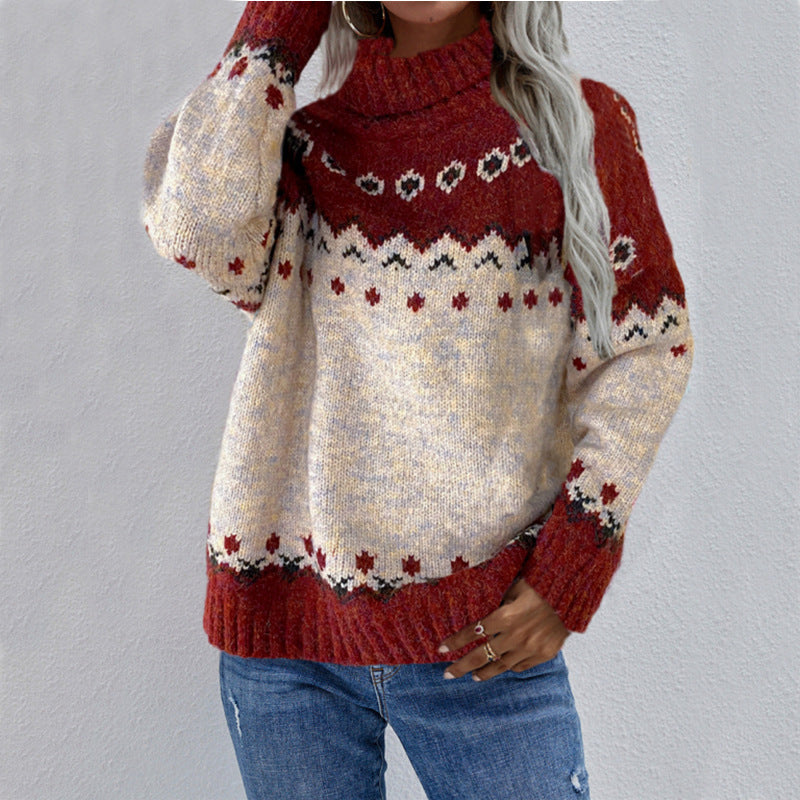 Red and cream fair isle knit pullover sweater with mock neck and long sleeves