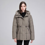 Quilted hooded puffer parka with adjustable waist drawcord and ribbed cuffs, olive gray