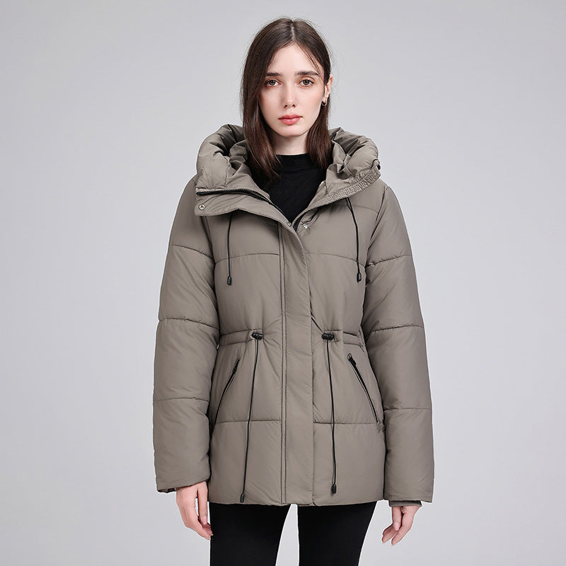 Quilted hooded puffer parka with adjustable waist drawcord and ribbed cuffs, olive gray