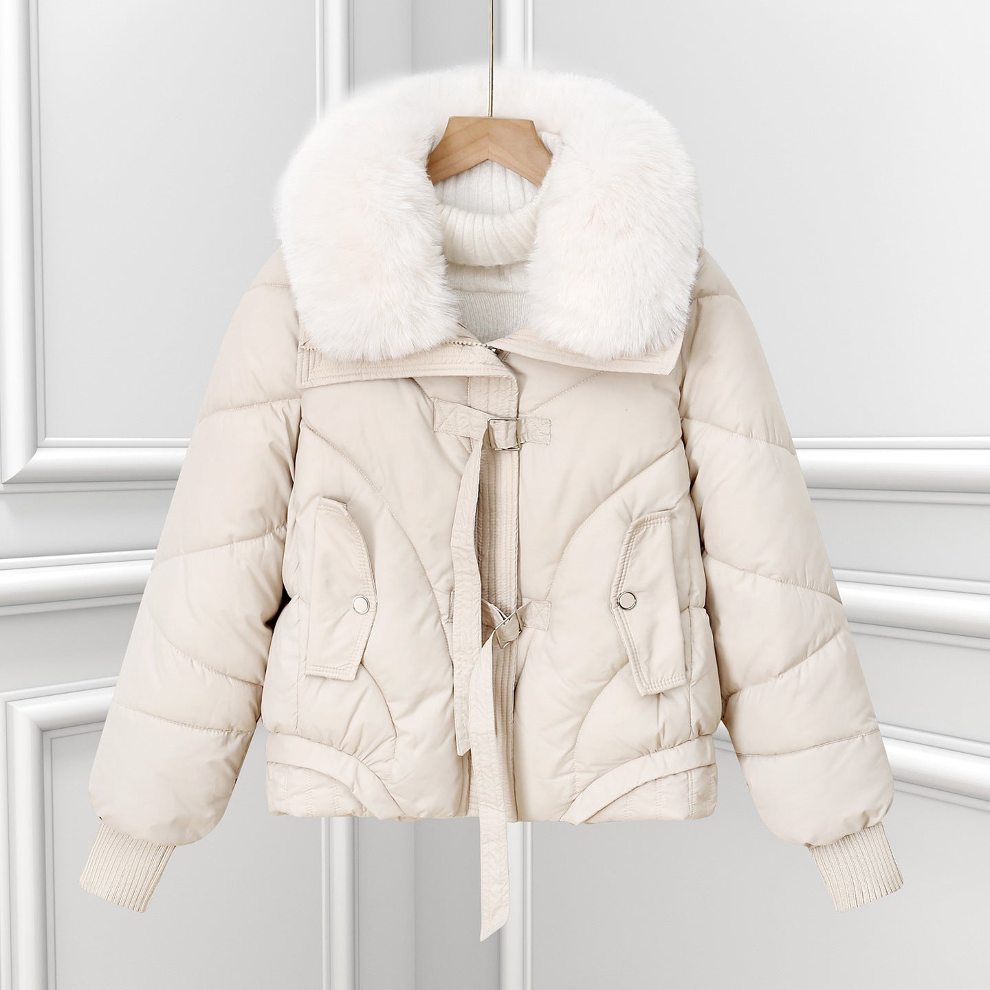 Offwhite short puffer pilot jacket with fluffy faux fur collar and drawstring hem.
