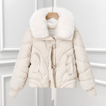 Offwhite short puffer pilot jacket with fluffy faux fur collar and drawstring hem.