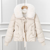Offwhite short puffer pilot jacket with fluffy faux fur collar and drawstring hem.
