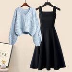 Two-piece set: light blue cable V-neck knit sweater with black fishtail skirt