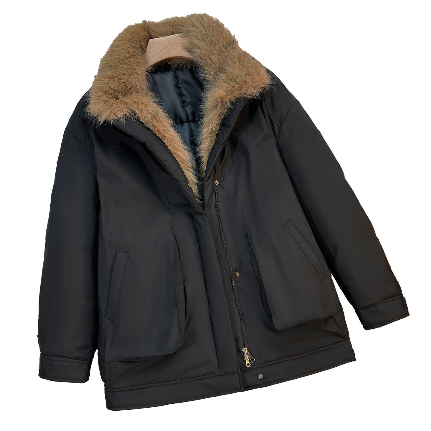 Women's mid-length winter parka with faux fur collar, black