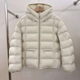 Short padded hooded thermal jacket in off-white with full-zip front and side zip pockets