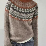 Retro knit sweater, brown and gray fair-isle pattern with ribbed crew neck