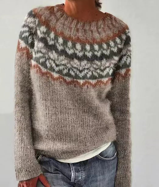 Retro knit sweater, brown and gray fair-isle pattern with ribbed crew neck