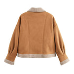 Camel short jacket back view with sherpa hem trim and long sleeves