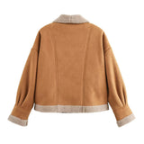 Camel short jacket back view with sherpa hem trim and long sleeves