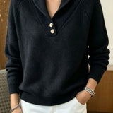 Women’s black button-front V-neck long-sleeve sweater with ribbed collar and hem.