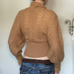 Khaki cropped knit turtleneck sweater with cable pattern, ribbed hem and cuffs