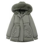 Faux fur-trim hood short parka coat in dark green with front button flap pockets