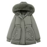 Faux fur-trim hood short parka coat in dark green with front button flap pockets