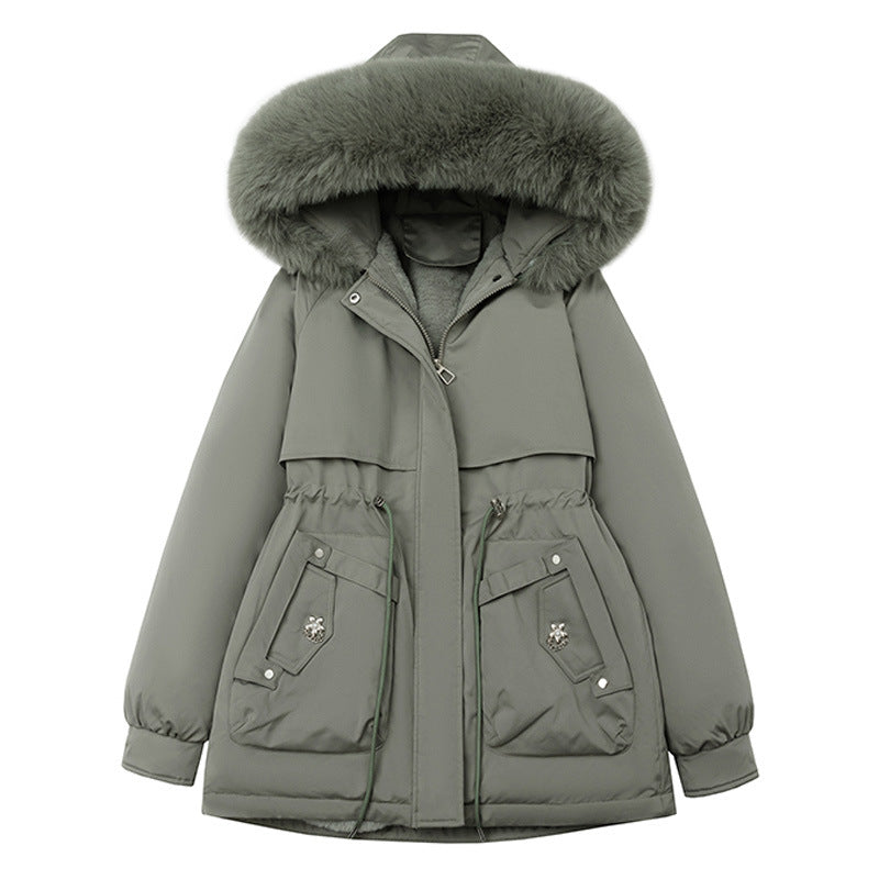 Faux fur-trim hood short parka coat in dark green with front button flap pockets