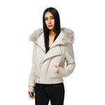 Off-white short bomber jacket with plush fur-trim hood and zip front