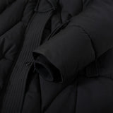 Black parka collar and sleeve close-up with ribbed inner cuff and button detail