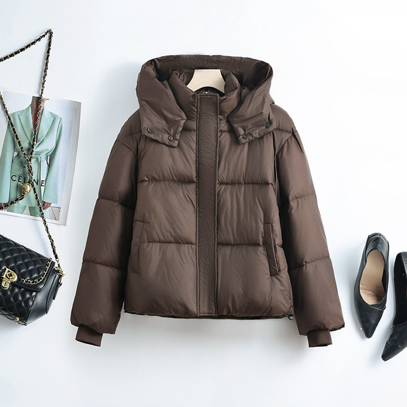 Women’s short quilted jacket with removable collar padding, dark brown