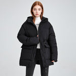 Women’s mid-length thermal parka in black with attached hood and drawstring waist