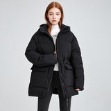 Women’s mid-length thermal parka in black with attached hood and drawstring waist