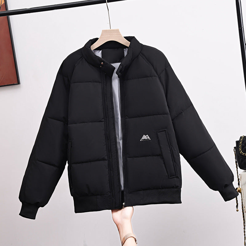 Women’s short quilted bomber jacket, black, full-zip with high stand collar and side pockets