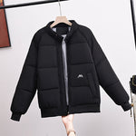 Women’s short quilted bomber jacket, black, full-zip with high stand collar and side pockets