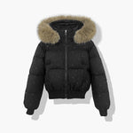 Women's short quilted blouson with removable hood, black, faux-fur trim, zip front