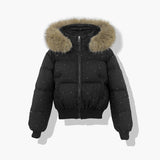 Women's short quilted blouson with removable hood, black, faux-fur trim, zip front